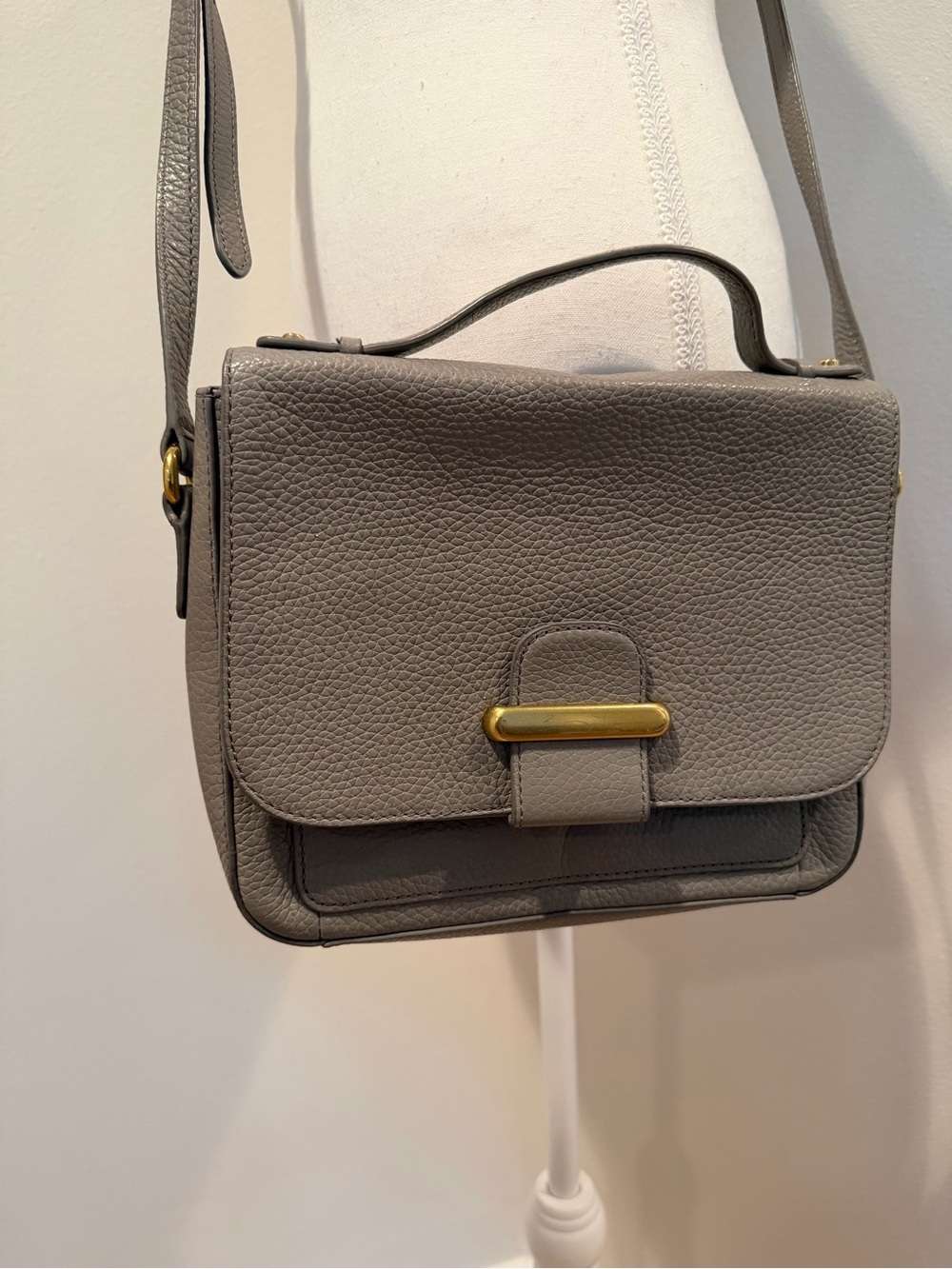 Fossil Gray Leather Crossbody Satchel with Gold-Tone Accent